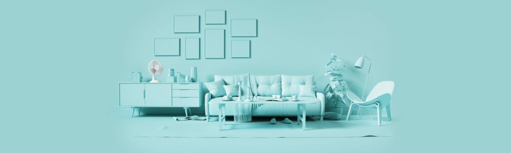 Stue med sofa og stol og skap. Turkis.